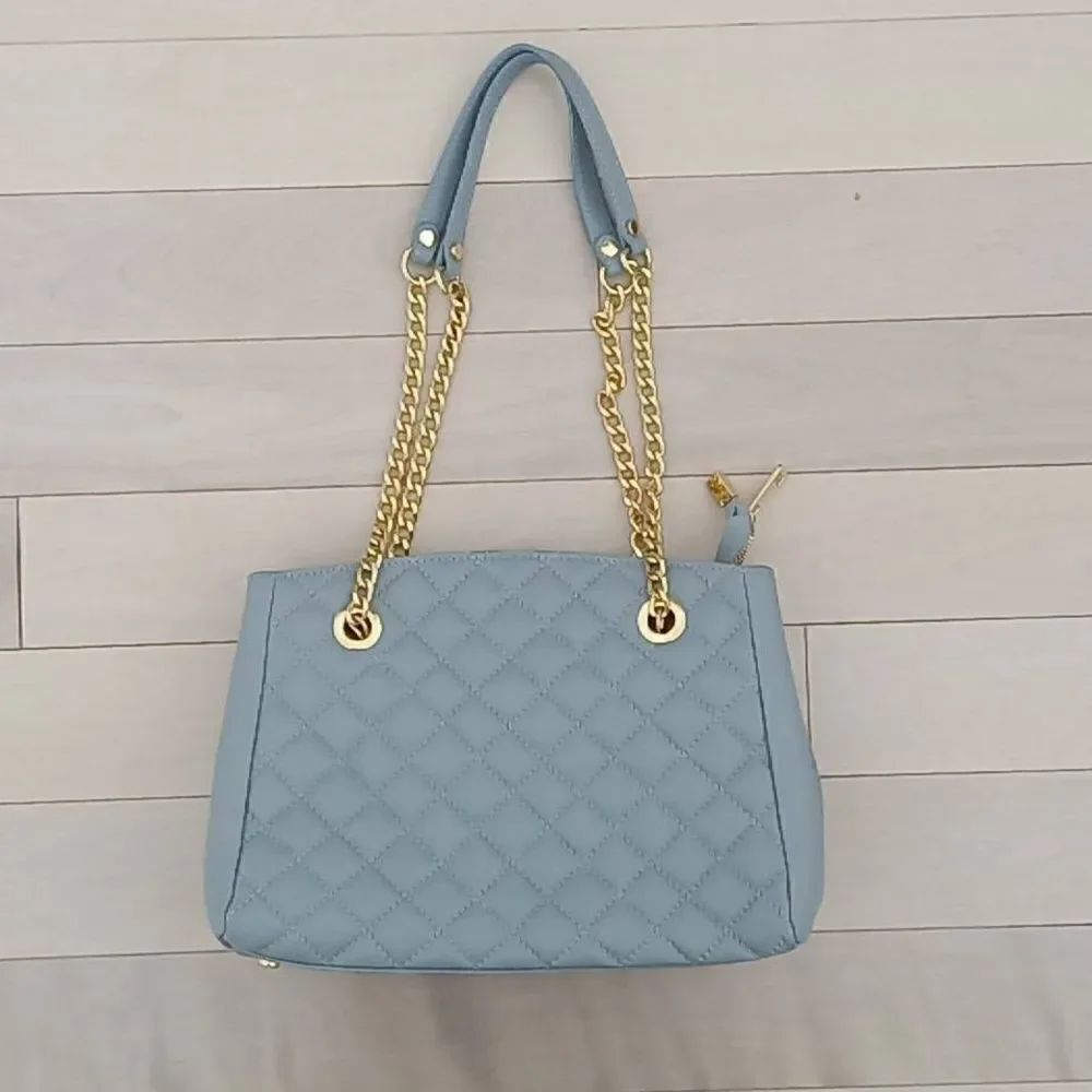 Anna Paola Women's Quilted Genuine Leather Chain Leather Strap Shoulder Bag Blue